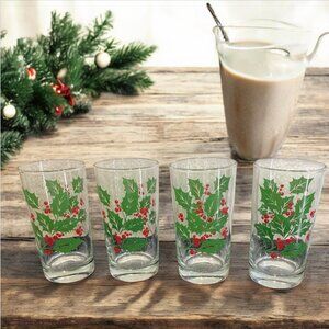 EGGNOG GLASSES -- Set of 4, Decorated with Holly and Holly Berries
